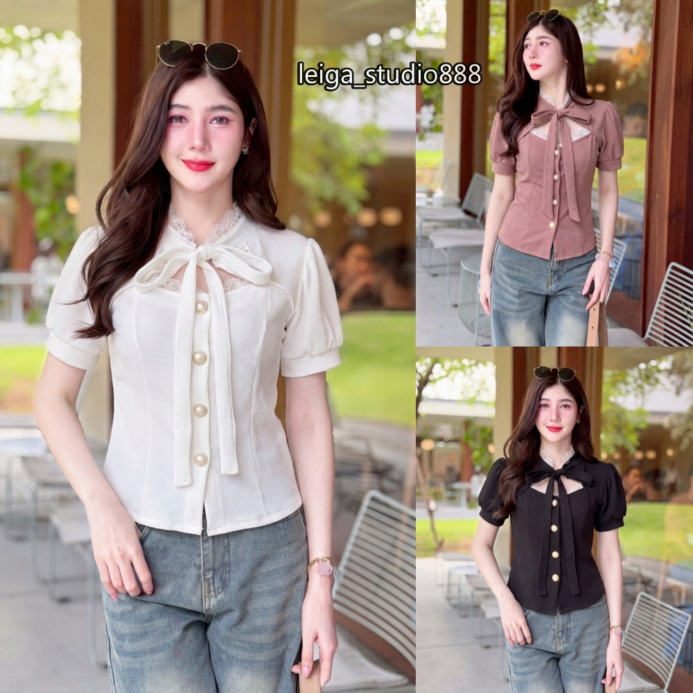 เสื้อแฟชั่น ผ้าวูลเวฟ คอแต่งลูกไม้ ดีเทลน่ารักๆ ผูกโบว์อกกระดุมหน้า ทรงเข้ารูป สวย เรียบหรู ใส่ทำงาน  ใส่แมท ใส่ออกงาน