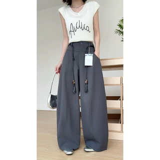 Reallyshops #9512(K) กางเกงขายาวทรงกระบอก เอวต่อกระดุมหน้า แต่งเชือก เอวยางยืด ผู้หญิง