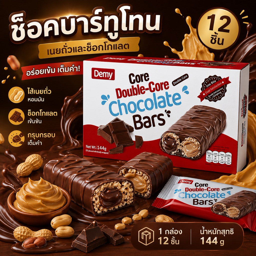 ช็อคบาร์ทูโทน เนยถั่วเเละช็อคโกแลต (12ชิ้น ) 144g.