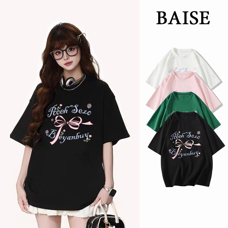 【BAISE T-shirt】จัดส่งจากไทย เสื้อยืด เสื้อยืดแฟชั่นผู้หญิง แขนสั้นรอบคอ ทรงหลวม พิมพ์ลายโบว์ลำลองทรง แฟชั่นมาใหม่S-2XL