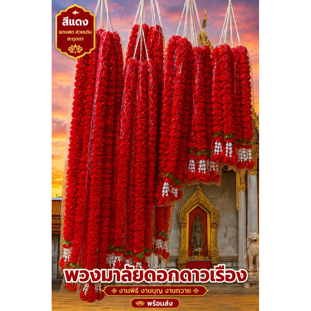 ร้านคุณจิน พวงมาลัยสองชาย ดอกดาวเรือง สีแดง งานพิธี 0.8-4.5 เมตร