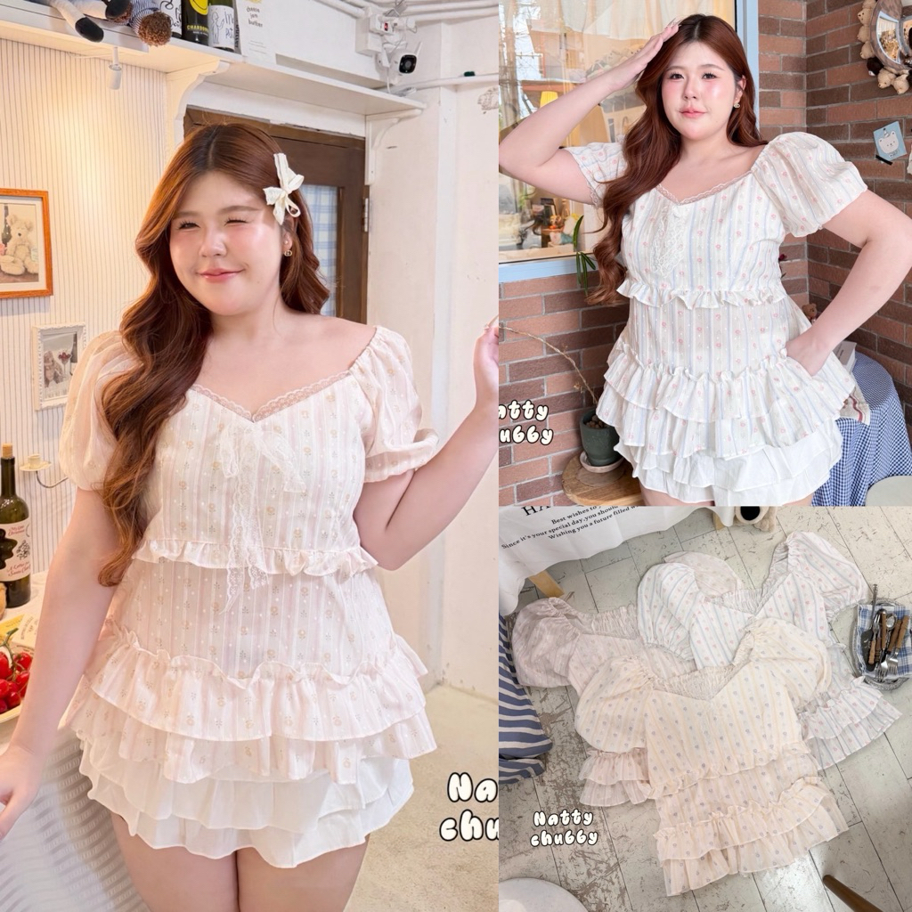 /NT/ เสื้อแขนตุ๊กตาคอเหลี่ยม ไซส์อก38-50 แต่งระบาย2ชั้น แต่งลูกไม้กรุบกริบ ผ้าลายดอกไม้หวาน #สาวอวบอ้วน พลัสไซส์