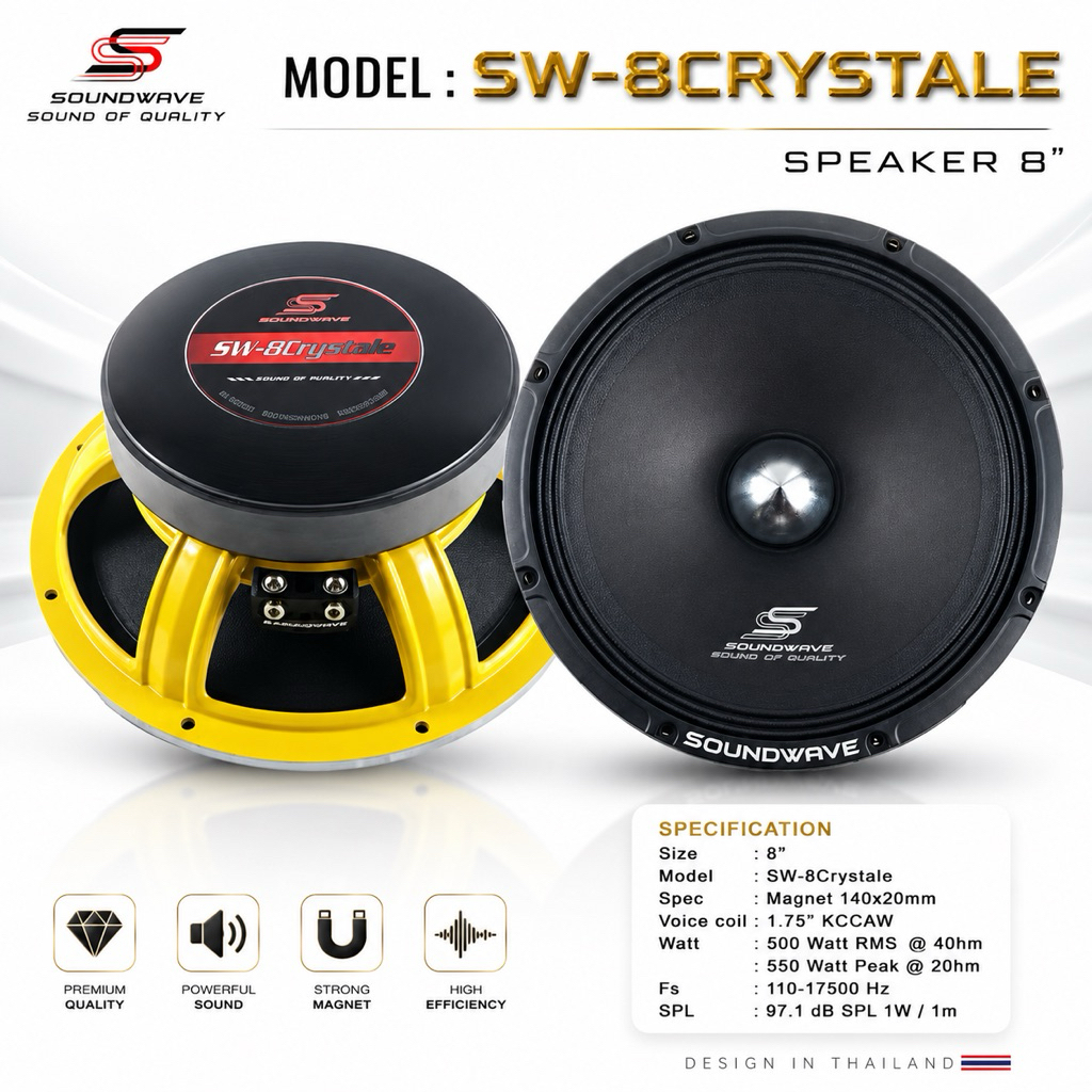 ลำโพง 8 นิ้ว SW-8Crystale | SOUNDWAVE ดอกลำโพงรถยนต์ เสียงกลางใส โมแรง ประกอบไทย คุณภาพพรีเมียม | ดอกเสียงกลางรถยนต์