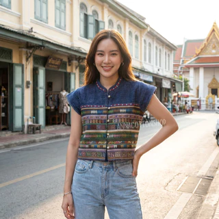 เสื้อคอจีนใบปอผ้าฝ้ายพื้นเมืองสโตน แต่งลายผ้าทอกระเหรี่ยง กระดุม5เม็ด ทรงสวยเข้ารูปสไตล์ เอวลอยน่ารัก มีขนาด38-44นิ้ว