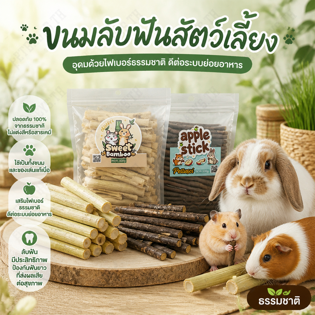 ขนมลับฟันสัตว์ฟันแทะ ไม้แอปเปิ้ล ไผ่หวาน ขนมกระต่าย ขนมhamster ธรรมชาติ ขนมสุขภาพสัตว์เลี้ยง