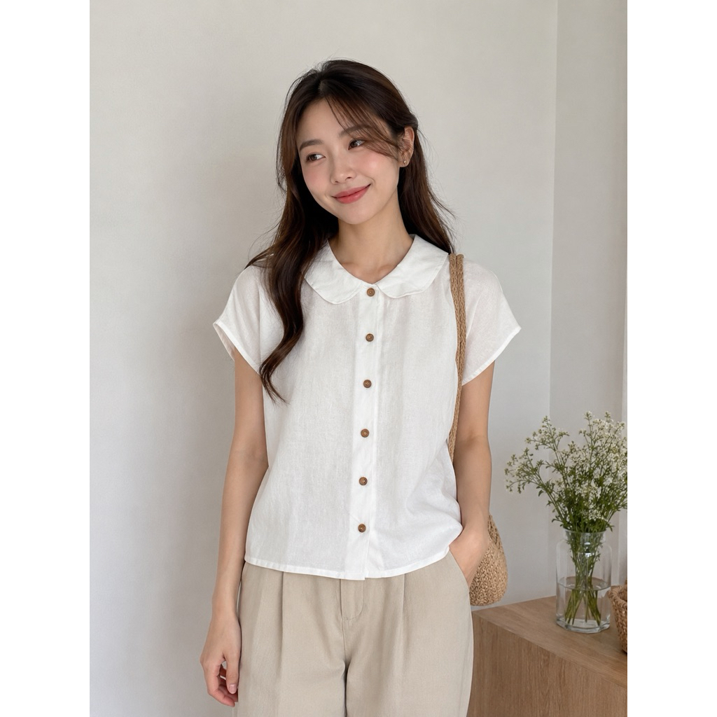 เสื้อเชิ้ตผ้าฝ้ายคอบัวแขนสั้น