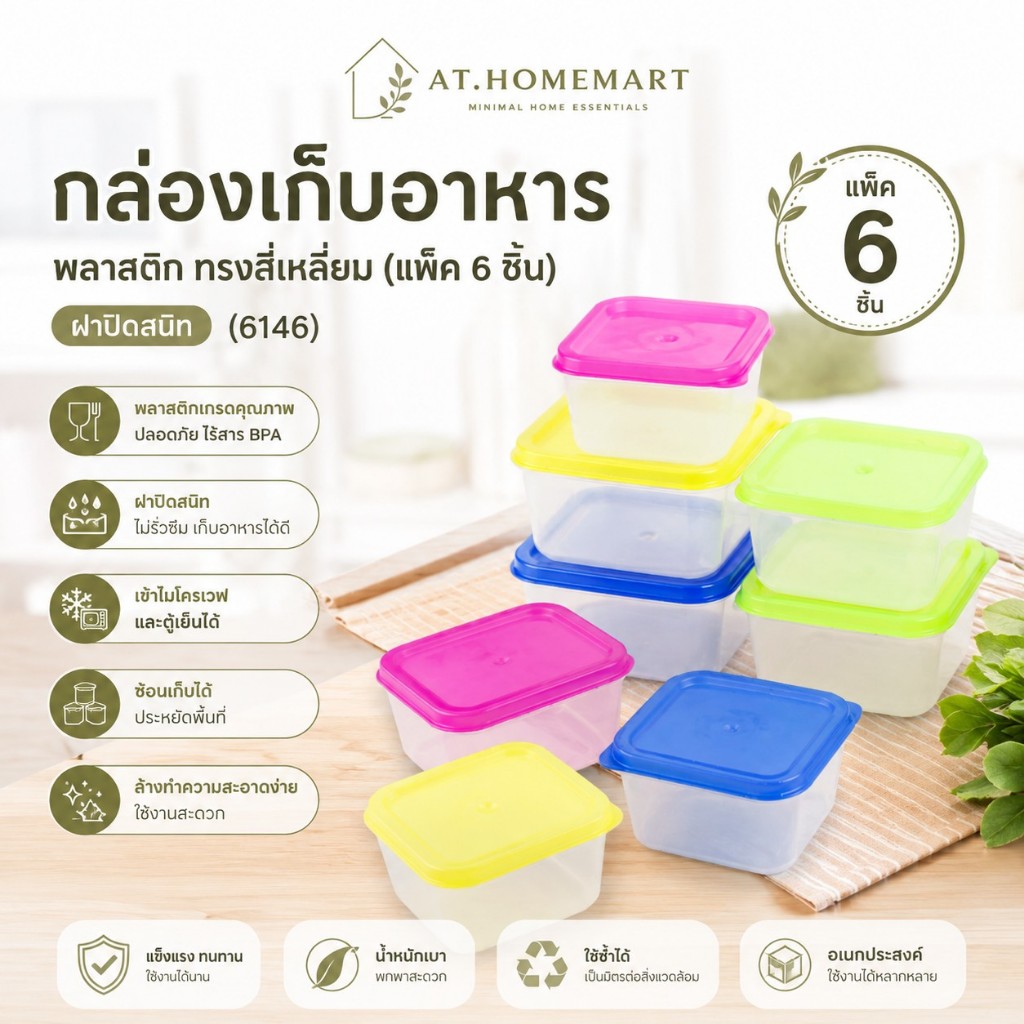 AT.Homemart กล่องเก็บอาหารพลาสติก ทรงสี่เหลี่ยม (แพ็ค 6 ชิ้น) ฝาปิดสนิท (6146)