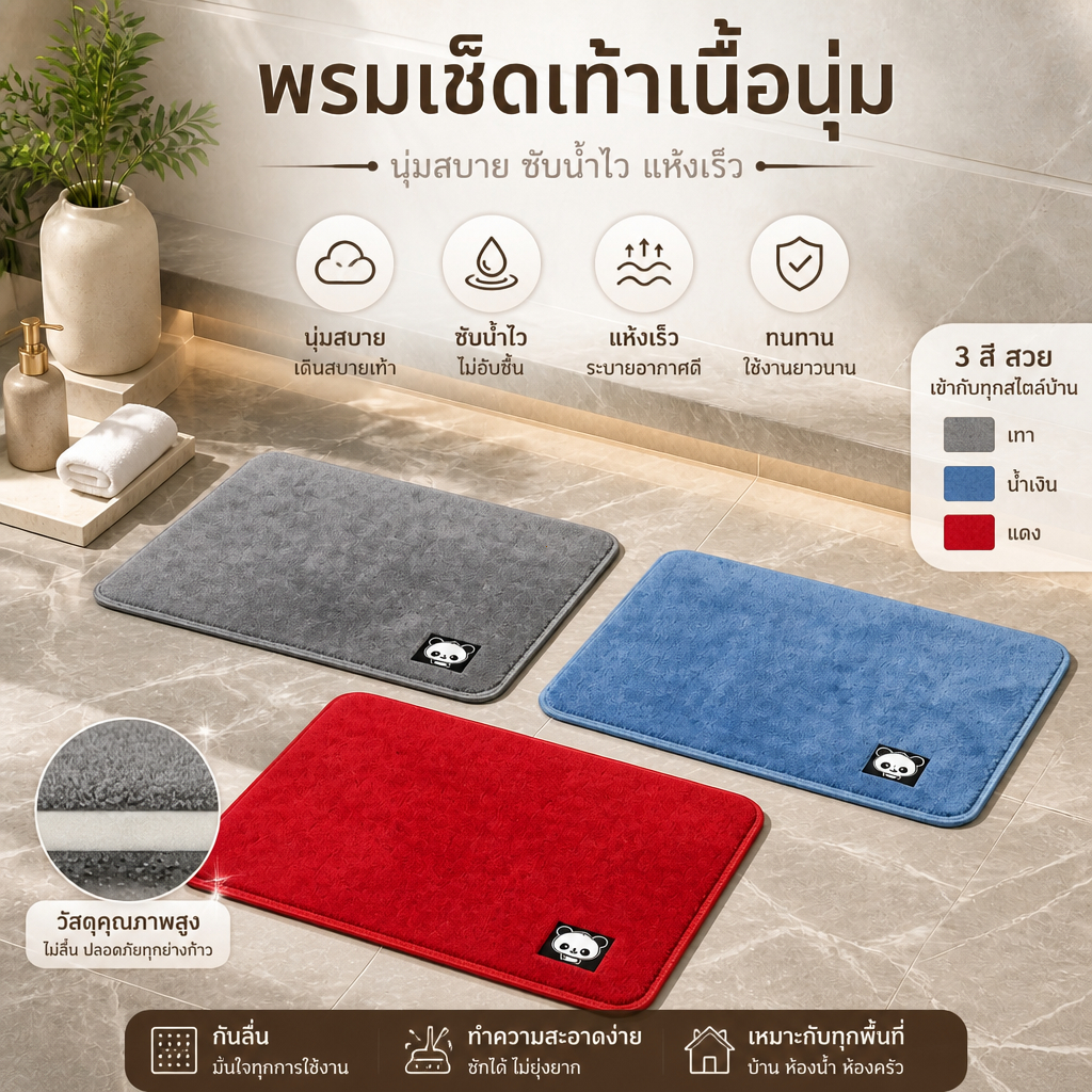 【แนะนำ: แพ็ค 3 ชิ้น】พรมปูพื้น พรมปูพื้นห้องนอน พรมลายเรียบ นุ่ม ดูดซับน้ำ กันลื่น พรมหนาพิเศษ พรมเช็ดเท้าหน้าประตู