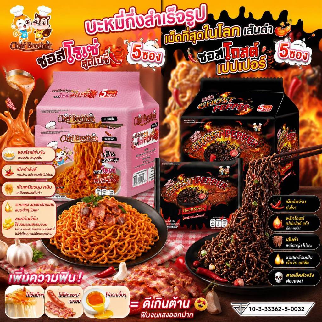 Chef Brother 10 ซอง บะหมี่กึ่งสำเร็จรูป รสซอสโรเซ่ สไปซี่ 5 ซอง เส้นบะหมี่เหนียวนุ่ม บะหมี่เผ็ดที่สุดในโลก 5 ซอง