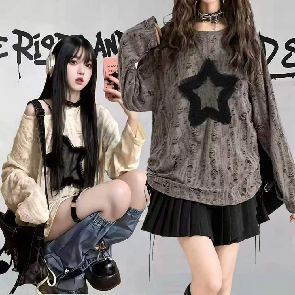 🔥【CSND】เสื้อยืดแขนยาวเปิดไหล่ ผูกเชือก ทรงหลวมๆ สุดฮอต ใส่สบาย เก๋ไม่เหมือนใคร ราคาน่ารัก M-XL