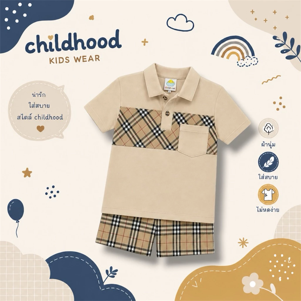 ชุดเสื้อและกางเกงคอปกลายสก๊อตลายเบอเบอรี่