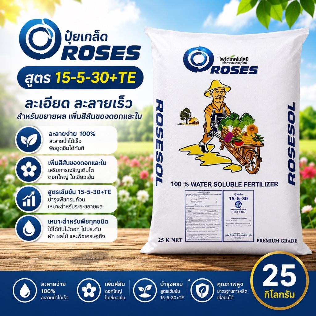 🔥 ROSES 15-5-30+TE Rosier เบลเยี่ยม ปุ๋ยเกล็ดผงละเอียด เร่งขยายผล เพิ่มสีดอกใบ 25กก.