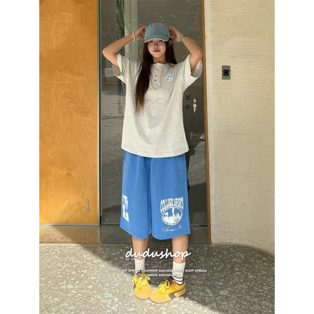 [Hip hop printed cropped pants]สไตล์อเมริกันวินเทจผู้หญิงกีฬาลมฮิปฮอปพิมพ์คาปรีกางเกงลำลอง