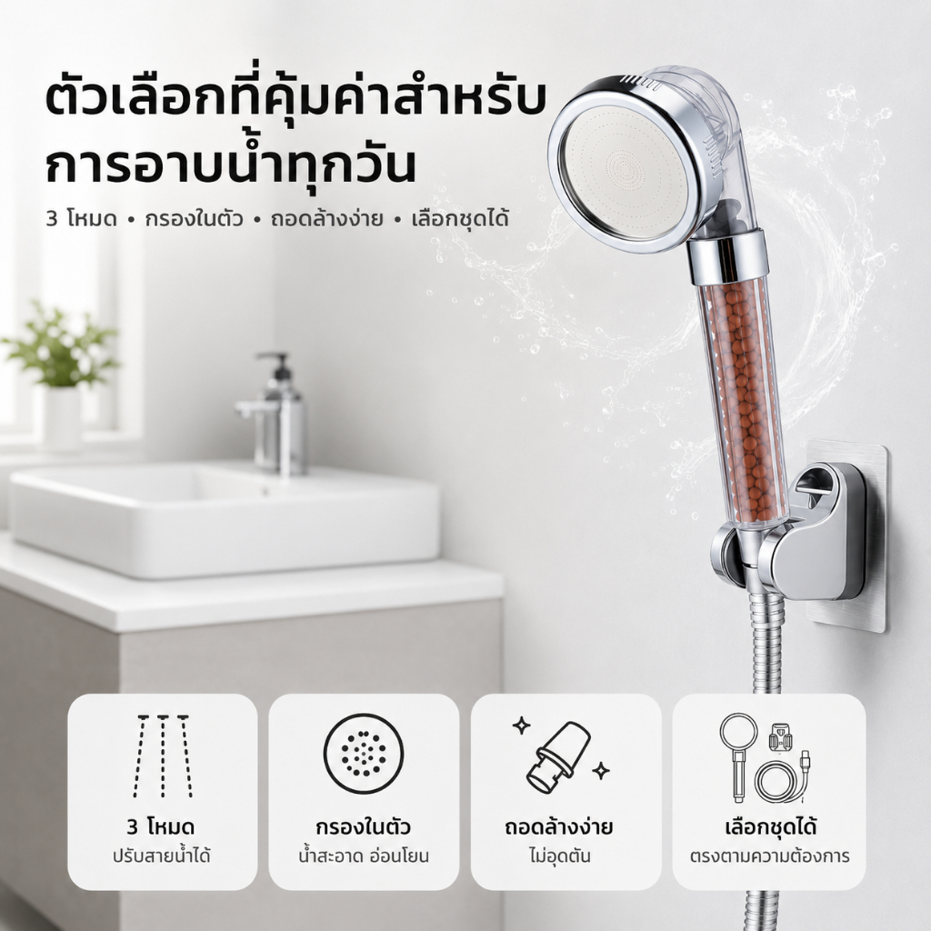 GRACEฝักบัวอาบน้ำ ปรับแรงดันน้ำได้ 3 ระดับ พร้อมฟิลเตอร์กรองน้ำ แข็งแรง ทนทาน คุณภาพเยี่ยม