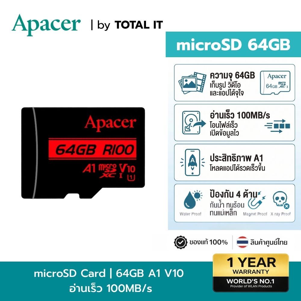 Apacer microSDXC 64GB | โหลดแอปไว ถ่ายวิดีโอ Full HD ลื่นไหล | 100MB/s V10 A1