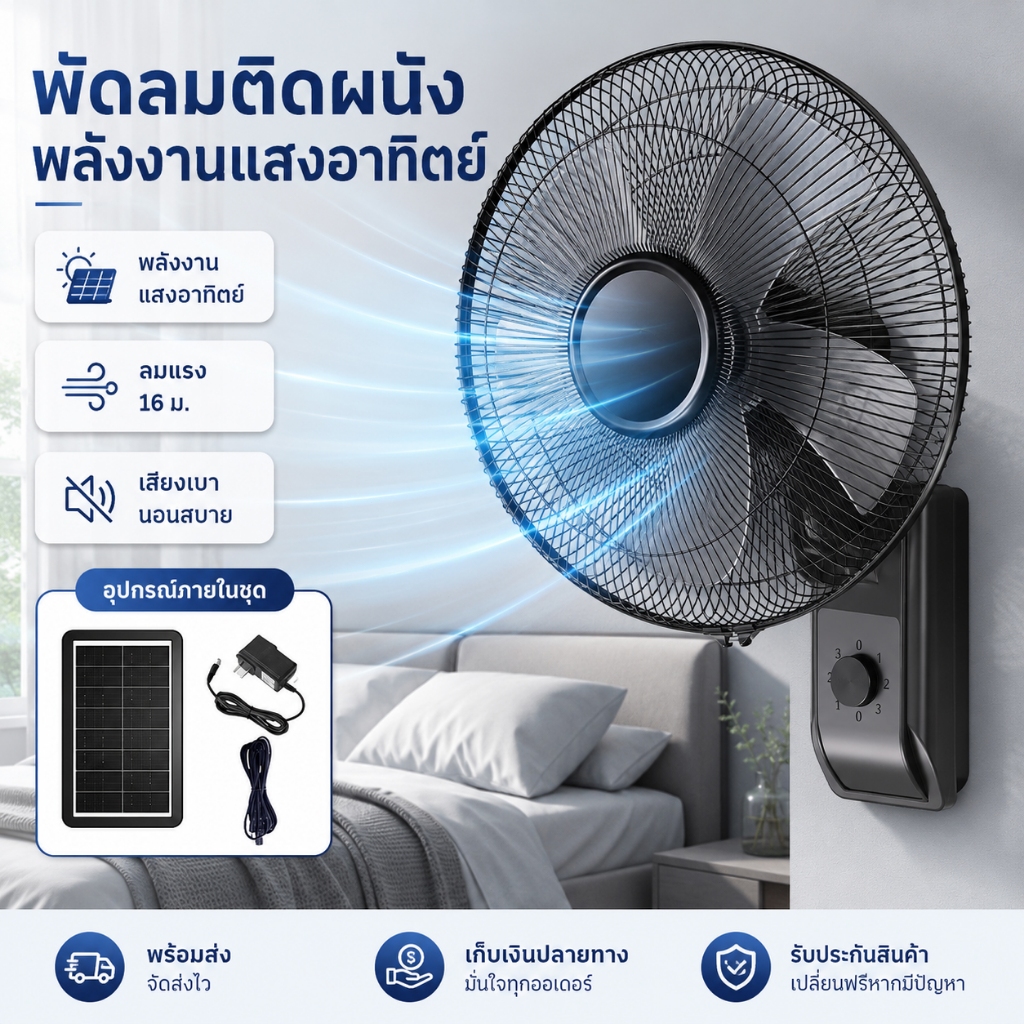 พัดลมโซล่าเซลล์ รุ่นใหม่ล่าสุด16 นิ้ว แผง+แบต พัดลมติดผนัง พร้อมส่ง ตั้งเวลาได้ ส่ายหัวได้ พัดลมไฟฟ้า