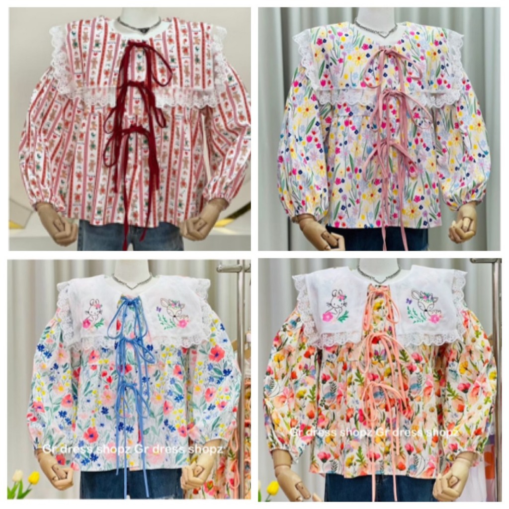 ป้าย HEAHA เสื้อปกใหญ่ปักลายแต่งโบว์ อก 42 นิ้ว ยาว 23 นิ้ว