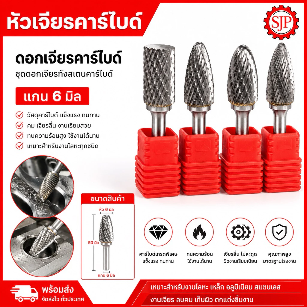 หัวเจียรคาร์ไบด์แกน6มิลดอกเจียร ดอกเจียรคาร์ไบด์ ชุดดอกเจียรทังสเตนคาร์ไบด์ ขนาดแกน6มิล*หัว6มิล*