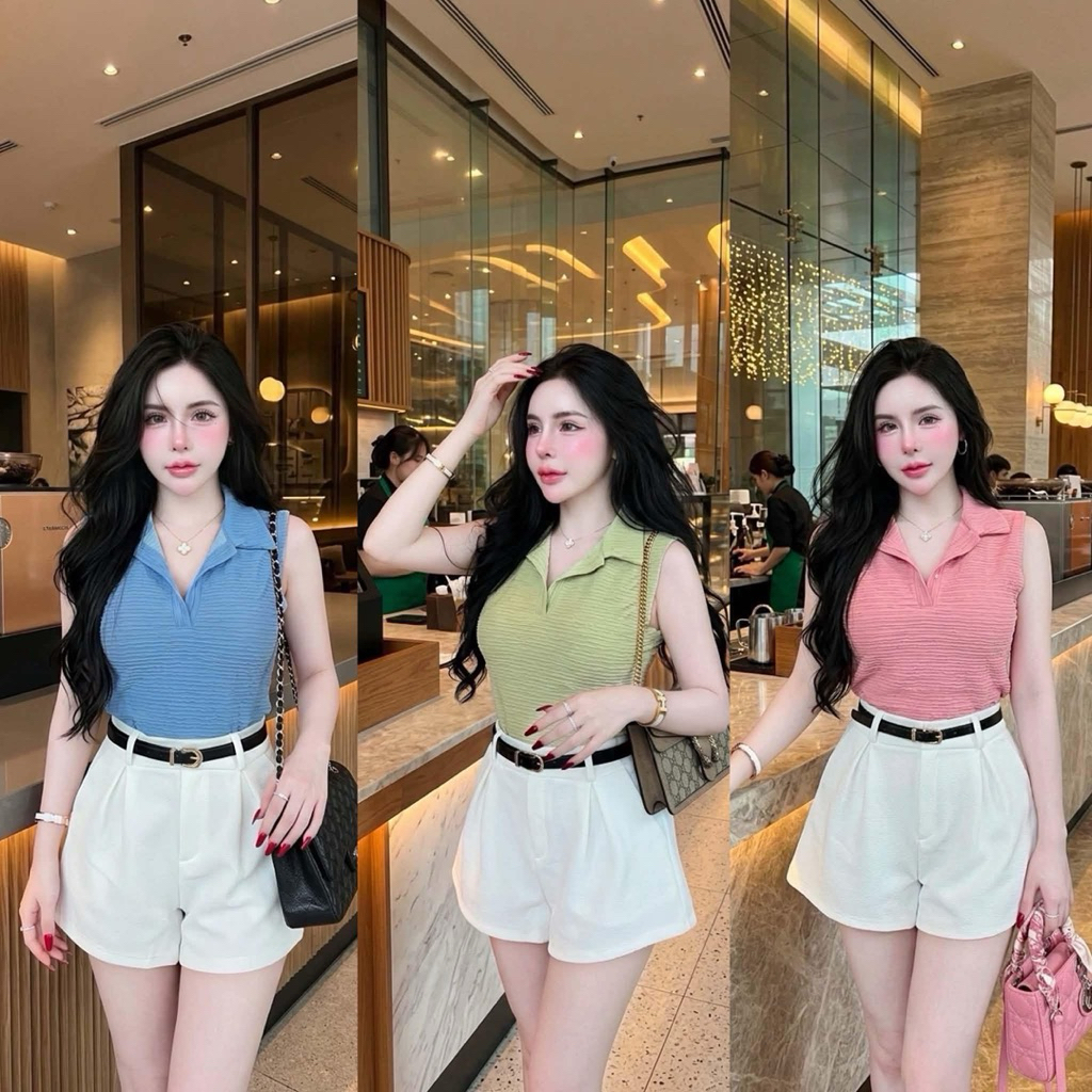 🛍️พร้อมส่ง🛍️ ชุดเซ็ท 3 ชิ้น เสื้อ+กางเกง+เข็มขัด ลุคผู้ดี สวยมาก