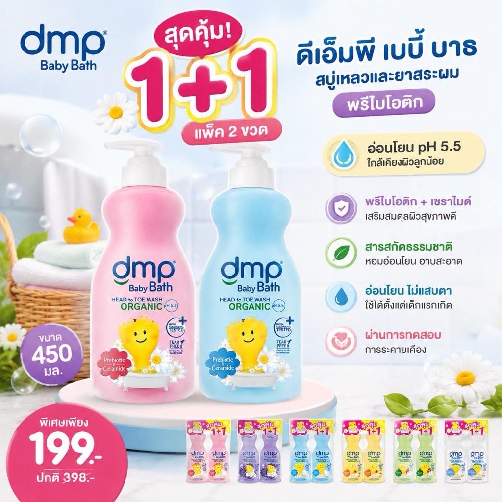 [ 2 ขวด] DMP สบู่เหลวและสระผม ดีเอ็มพี แพคคู่สุดคุ้ม ขวดปั๊ม450มล. แถม ขวดปั๊ม450มล. สูตรอ่อนโยนกับเด็กน้อย