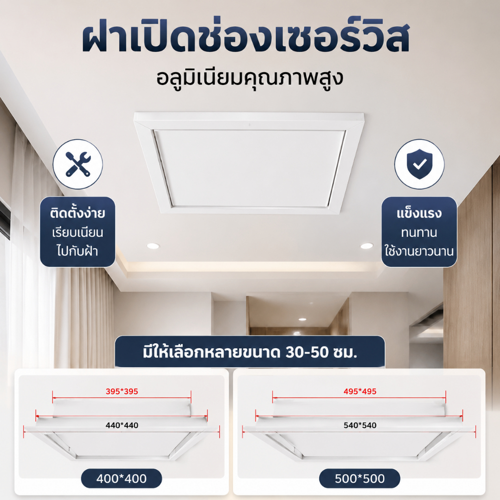 ฝาเปิดช่องเซอร์วิส ฝ้าเพดาน อลูมิเนียม แข็งแรงทนทาน ติดตั้งง่าย มีให้เลือก 3 ขนาด 30/40/50 ซม.