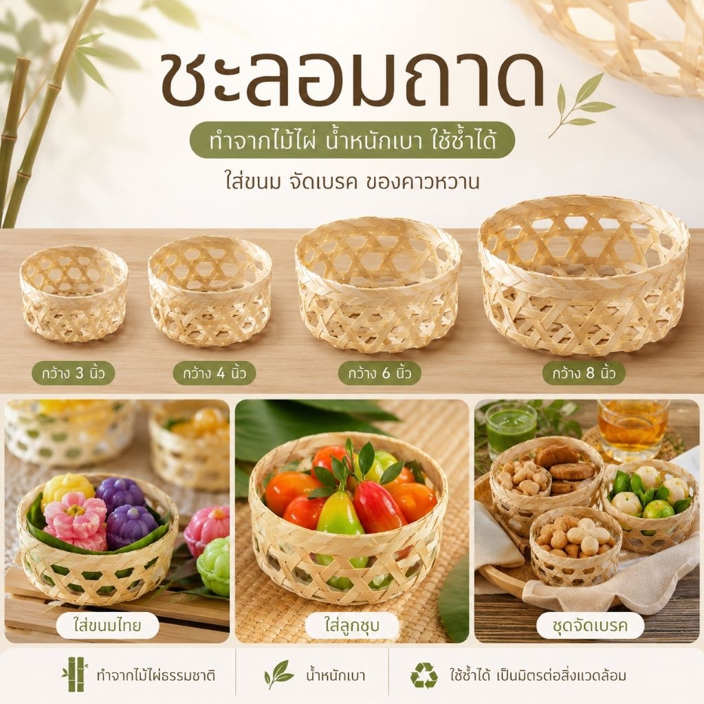 ชะลอมถาด หรือถาดไม้ไผ่ 3-4-6-8นิ้ว ใส่ขนมไทย ลูกชุบ จัดชุดเบรค