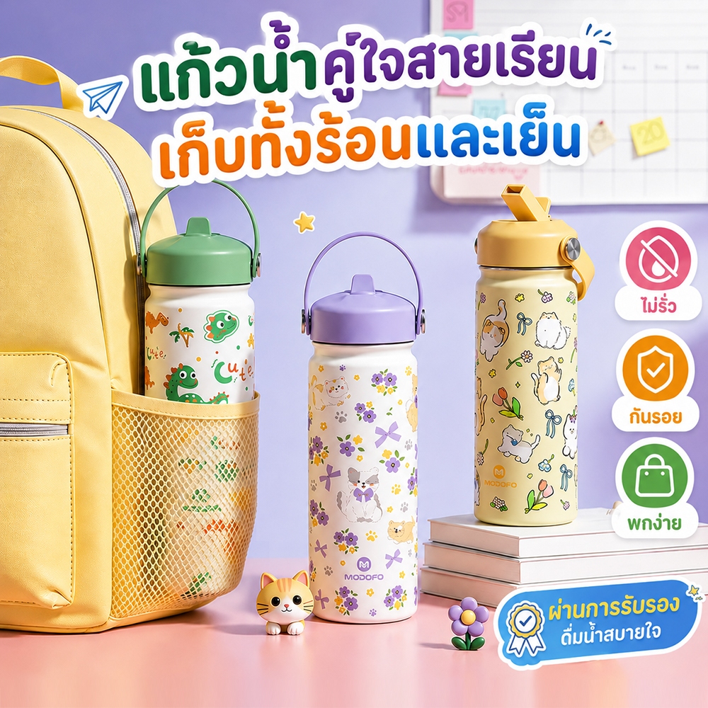 [🎖️ทนทานกันรั่ว] MODOFO แก้วเก็บความเย็นเด็ก กระติกน้ำเด็ก 530ml  ไม่รั่วน้ำ ขวดน้ำ เด็ก ไป โรงเรียน แก้วเก็บความเย็น