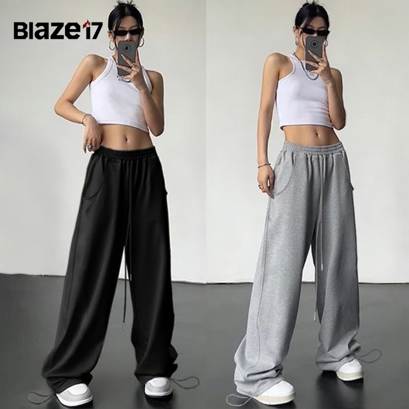 BLAZE  จัดส่งจากไทย กางเกงสตรีเอวสูงขากว้าง ทรงสุทธ์สไตล์สปอร์ตลำลอง เนื้อผ้านุ่มสบาย ใส่พร้อมได้หลายลุค