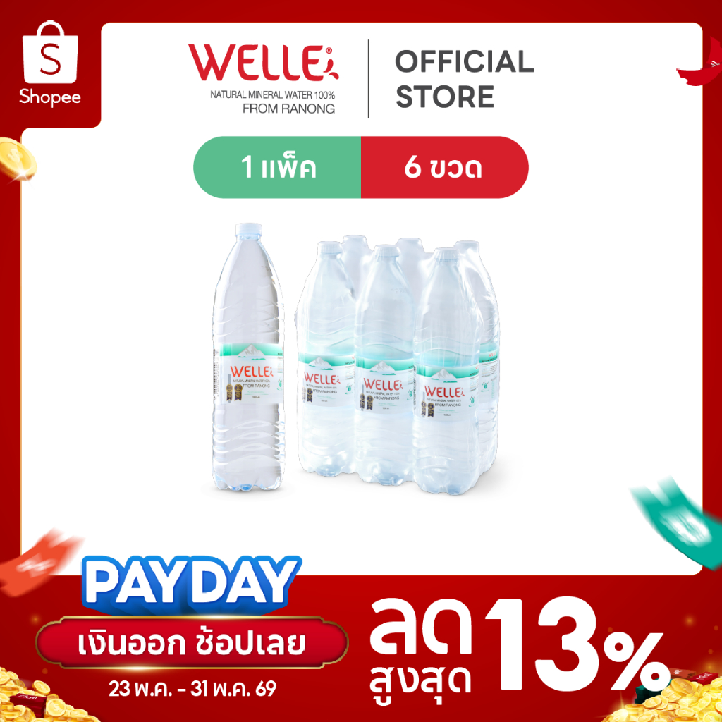New (6 ขวด) Welle Mineral Water น้ำแร่เวลล์เล่ 1500 มิลลิลิตร 1 แพค จากแหล่งน้ำแร่ระนอง