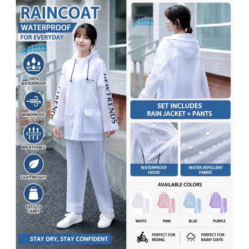 พับลงแล้วเพียง 0.0003m³ ชุดกันฝนผู้ใหญ่ รุ่นยาวช่วยให้ขาไม่เปียก วัสดุ PVC กันน้ำสองชั้น พร้อมซิปกันน้ำ ชุดกันฝน