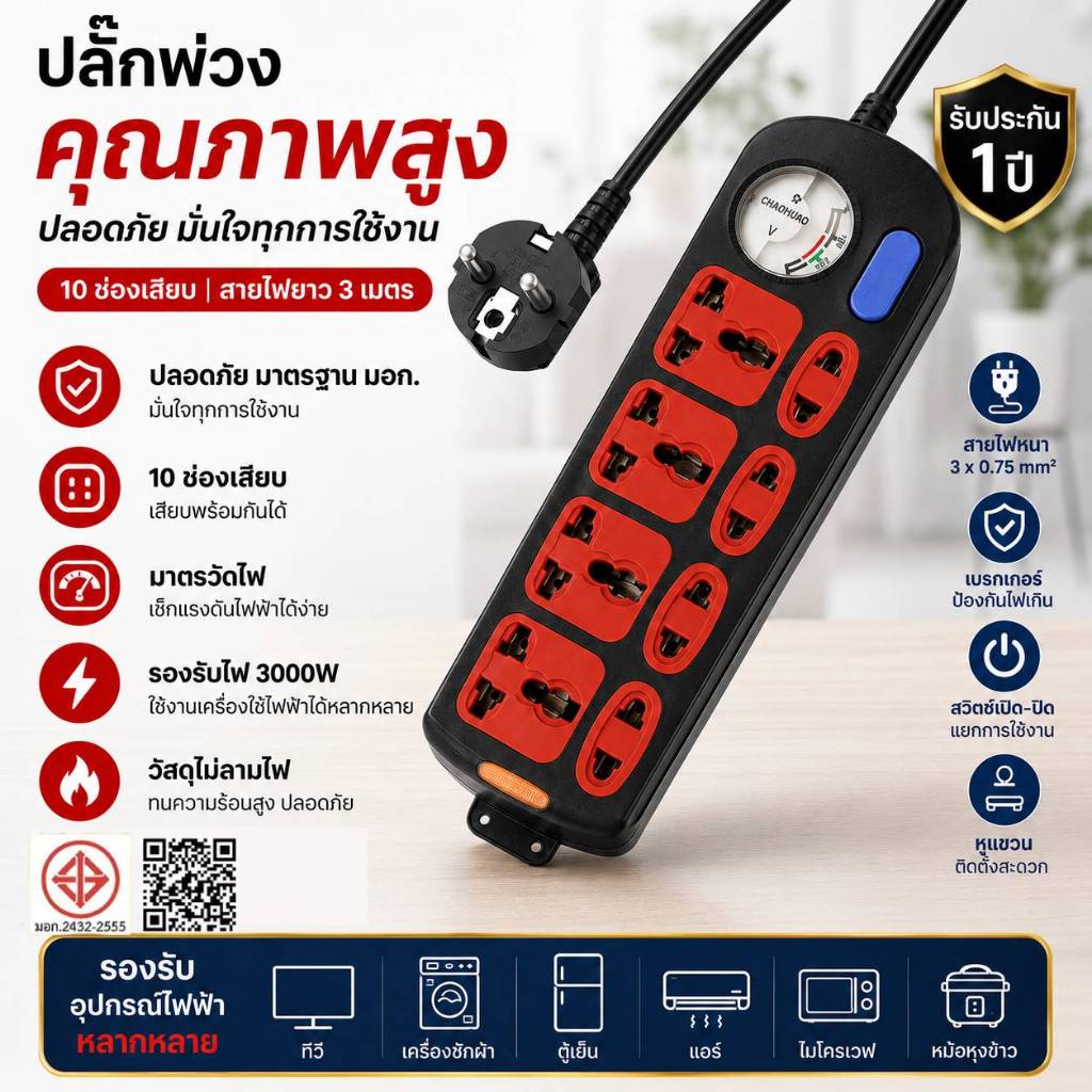【รับประกัน 5 ปี】ปลั๊กไฟ ปลั๊กพ่วงมาตรฐานมอก มีเครื่องวัดแรงดันไฟฟ้า มีสวิตช์ ปลั๊กยาว 2-5 เมตร มาตราฐานมอก