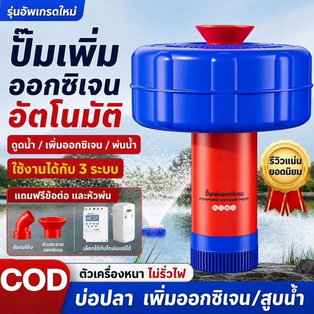 ปั๊มน้ำออกซิเจนลอยน้ำ 1500W ปั๊มแช่ ปั๊มออกซิเจนเพาะเลี้ยงสัตว์น้ำ สายไฟยาว 30 เมตร เหมาะสำหรับบ่อปลา น้ำพุ และระบบเติมอ