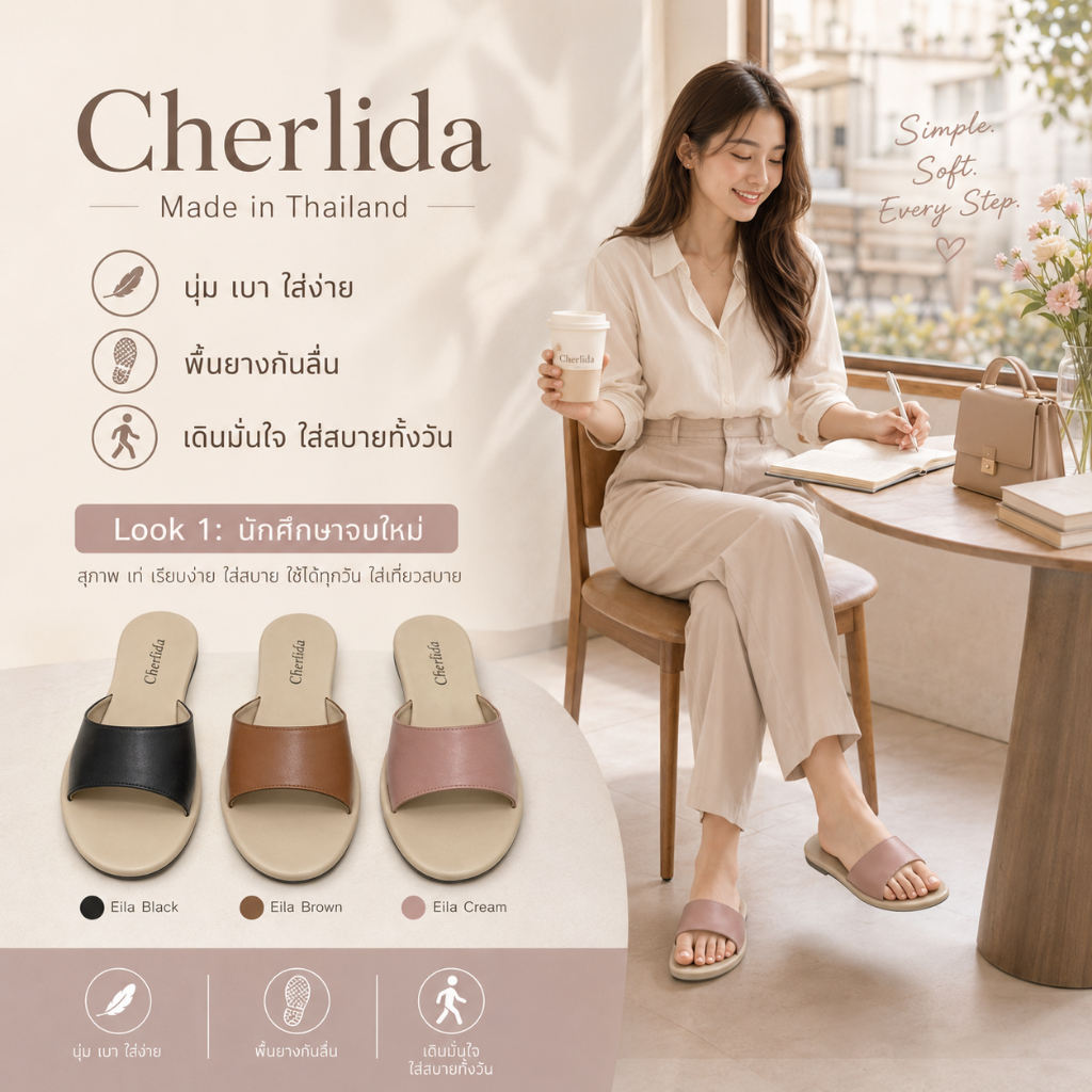 Cherlida รองเท้าแตะผู้หญิง มินิมอล เกาหลี แบบหน้าเรียบ สุภาพ สุดหรู น้ำหนักเบา กันลื่น ใส่เที่ยว ใส่ทำงาน สบายทั้งวัน