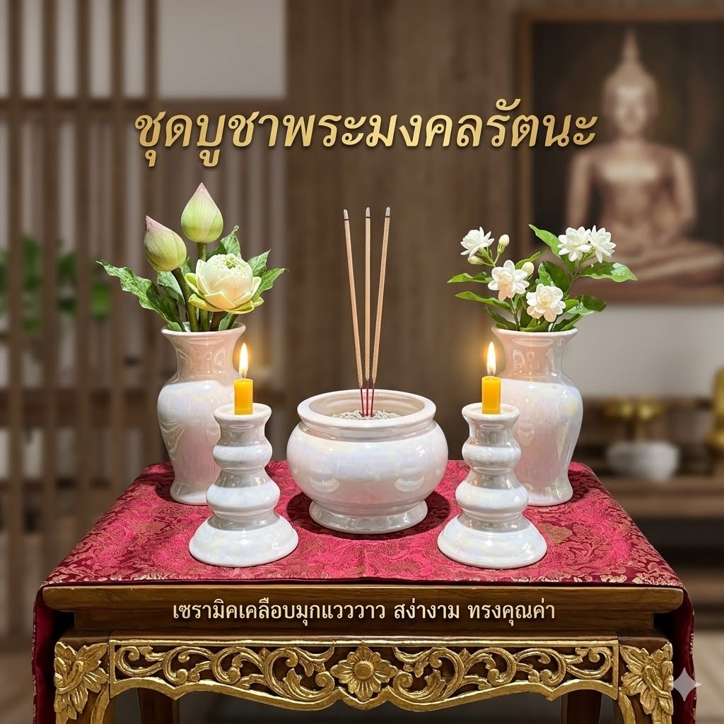 ชุดบูชาพระ ชุดหน้าพระเซรามิคเคลือบมุก ทั้งชุดจำนวน 5 ชิ้น (แจกัน 4.5 นิ้ว กระถางธูปกลม 3 นิ้ว เชิงเทียนแท่ง 3 นิ้ว)
