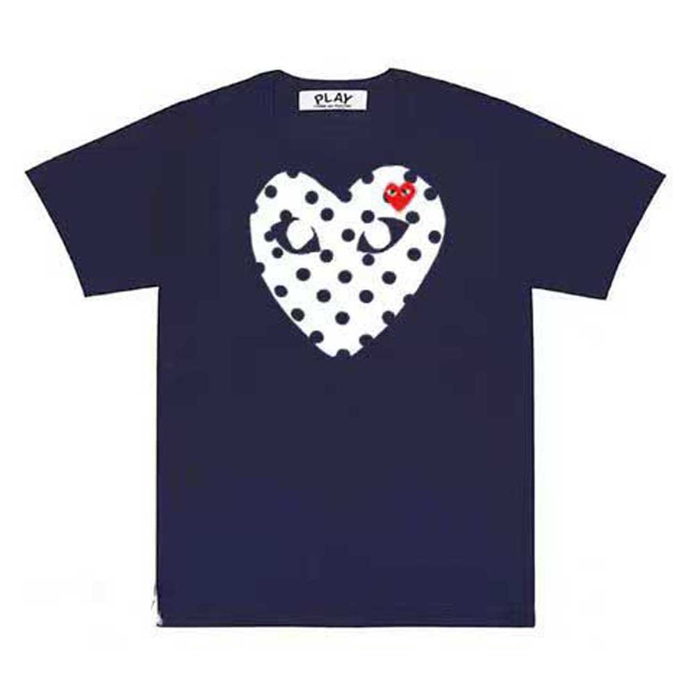 PLAY Rei Kawakubo CDG COMME des GARCONS，ลายจุดสีฟ้าและหัวใจสีขาว เสื้อยืดคอกลมแขนสั้น Polka Dot Edge
