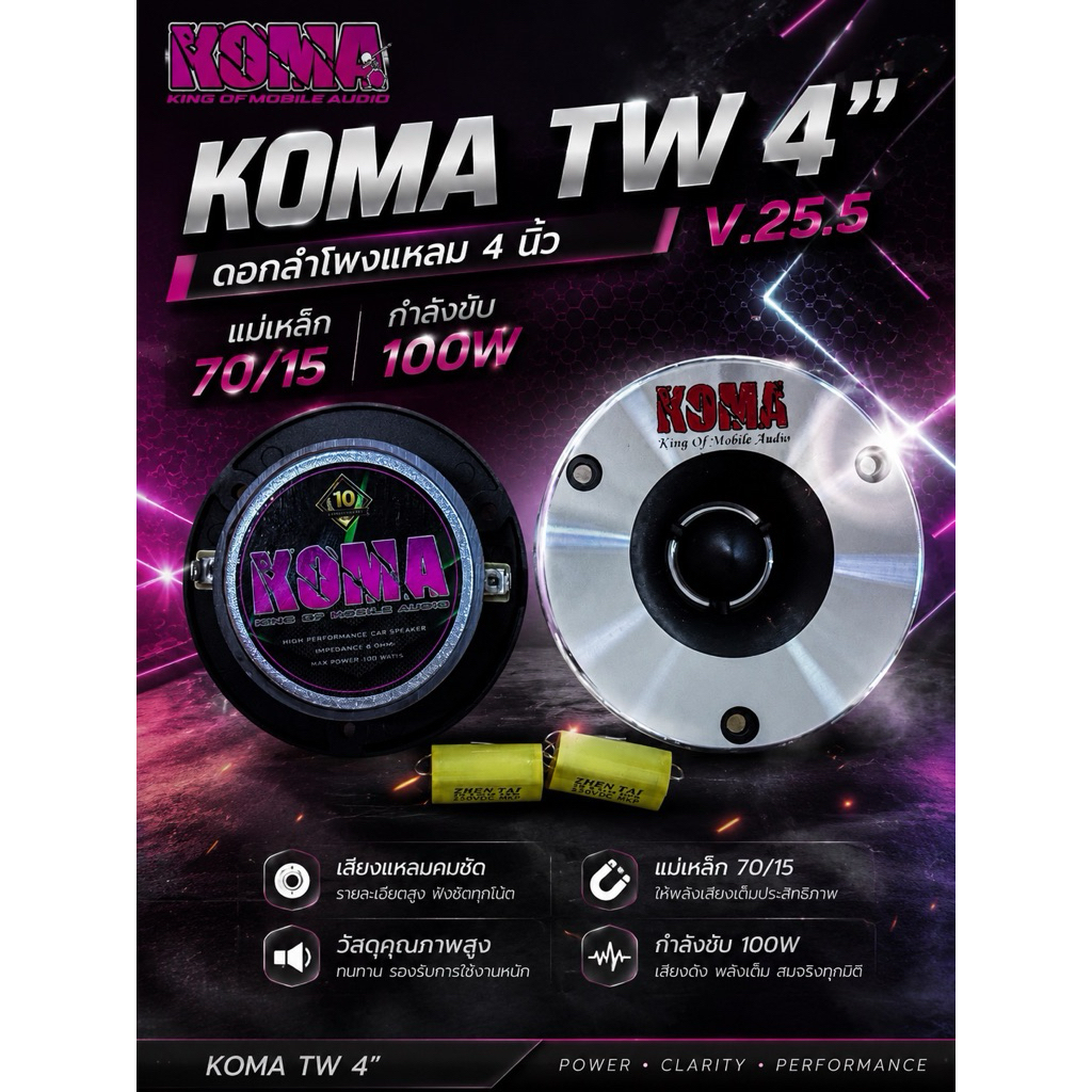 แหลม 4” KOMA  TW 4” V.25.5  MT 70x15 100 W  แถมซี พร้อมใช้งาน ราคาต่อคู่ 2 ดอก