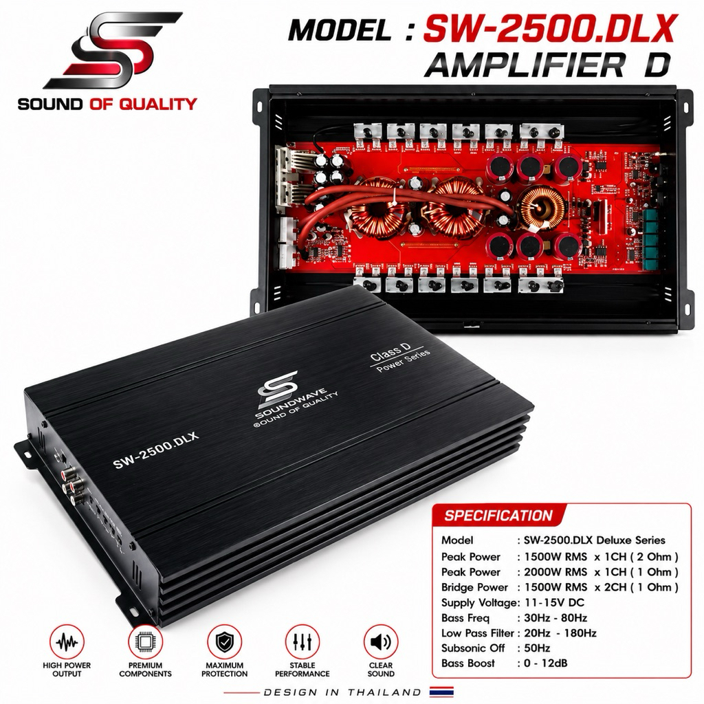 เพาเวอร์แอมป์ SW-2500.DLX SOUNDWAVE CLASS D 2CH. 2500วัตต์เต็ม ขับลำโพงซับ 10/12นิ้ว แม่เหล็ก 2 ชั้น 1คู่