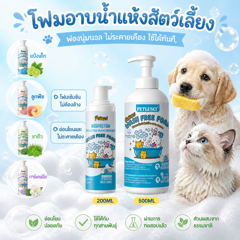 แชมพูแมว โฟมอาบน้ำแห้ง ออแกนิก ขจัดคราบสกปรก บำรุงขน  ไม่ต้องล้างน้ำ ปลอดภัย ใช้ได้ทั้งหมาและแมว