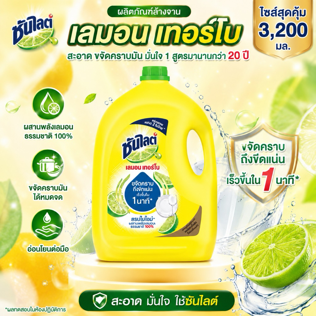 ซันไลต์ล้างจาน แกลลอน 3,200ml. สีเหลืองราคา 177บาท
