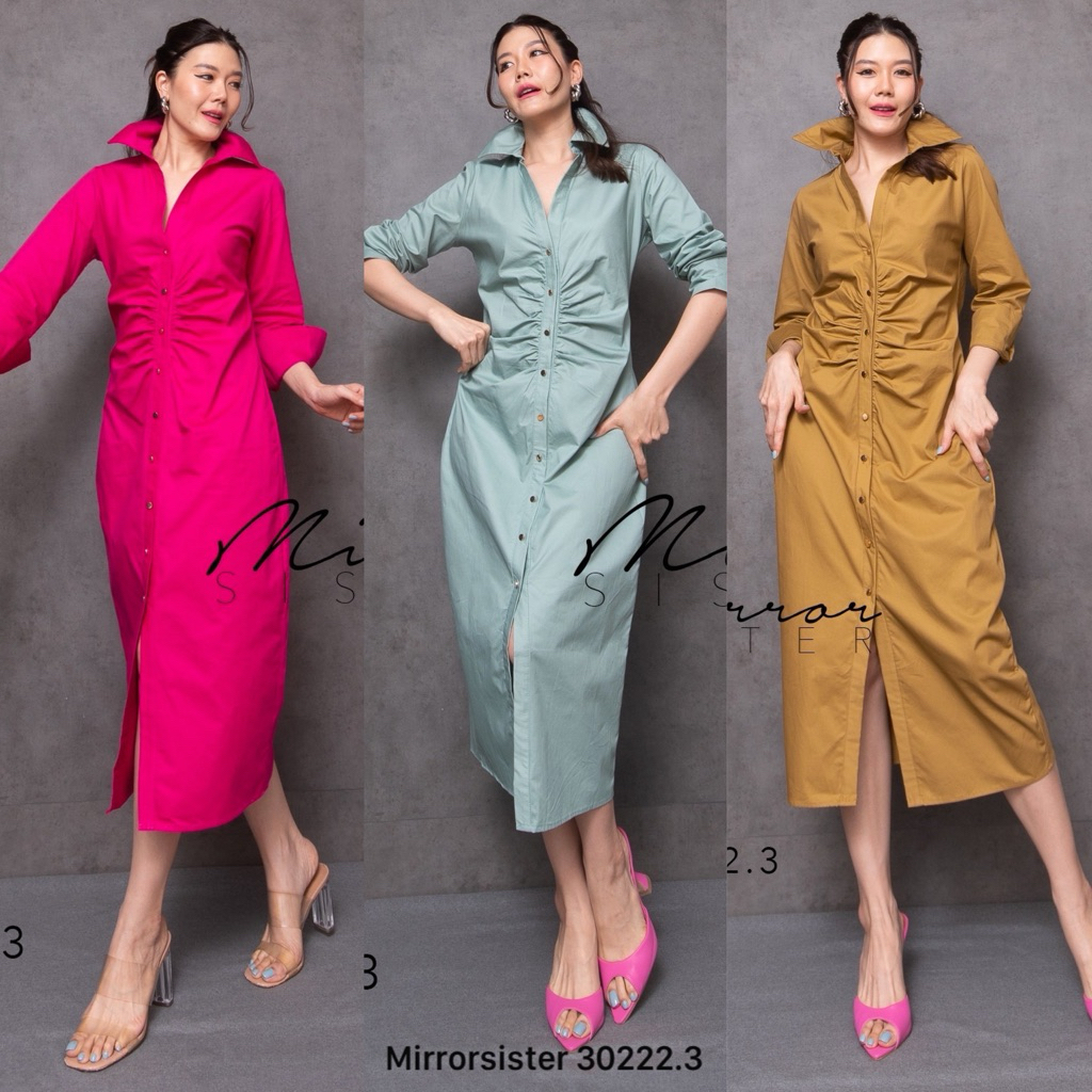 🔖Mirrorsister​ 30222.3 เดรสเชิ้ตทรงเก๋ดีไซน์ด้วยการจับย่นๆช่วงตัวด้านหน้า ทำให้ดูไม่เรียบจนเกินไป ใส่สบาย สวยทุกสี