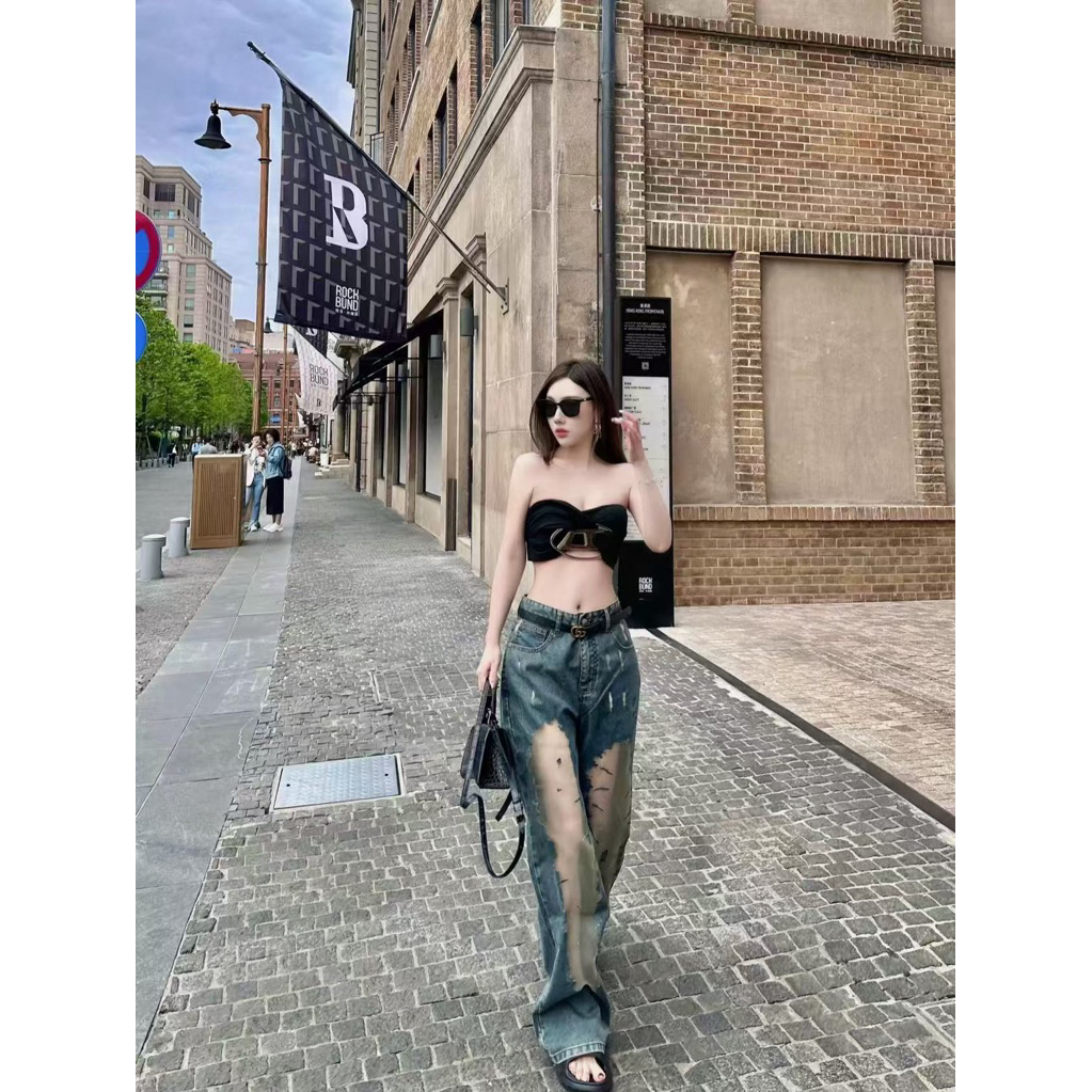 กางเกงยีนส์👖🔥สินค้าพร้อมส่งจากไทย กางเกงยีนส์ลูกไม้ระบายตรงกลาง