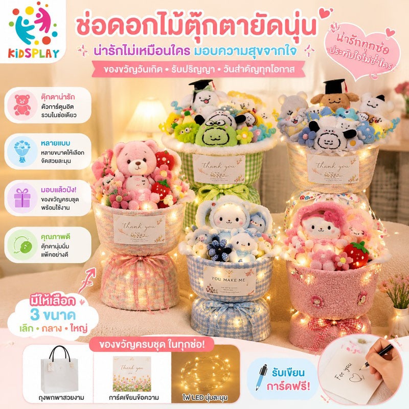 💕ช่อดอกไม้ ตุ๊กตายัดนุ่น น่ารัก ของขวัญวันเกิด ของขวัญรับปริญญา ดอกไม้ให้ลูกสาว รับเขียนการ์ดฟรี