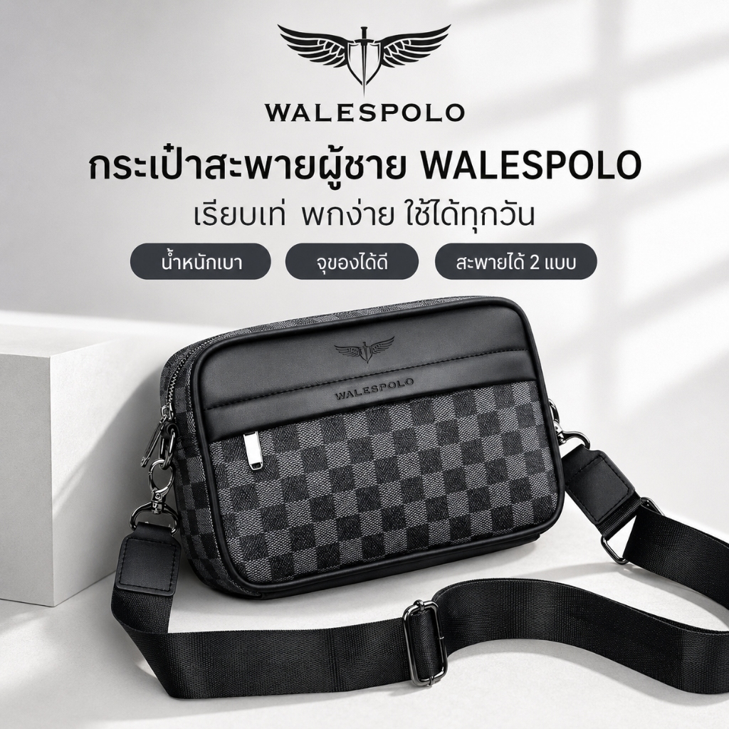WalesPolo กระเป๋าสะพายข้างผู้ชาย ลายตารางเท่ กันน้ำ ทนทาน กระเป๋าคาดอกผู้ชาย แฟชั่นสุดเท่