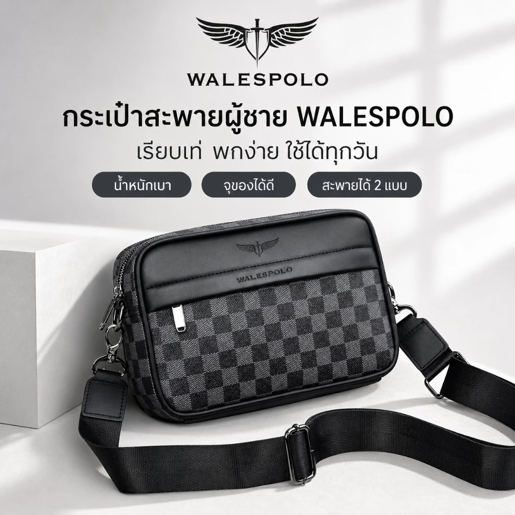 WalesPolo กระเป๋าสะพายข้างผู้ชาย ลายตารางเท่ กันน้ำ ทนทาน กระเป๋าคาดอกผู้ชาย แฟชั่นสุดเท่