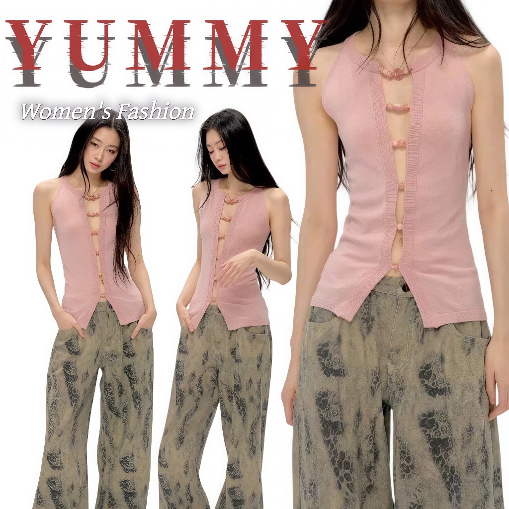 🎀Yummy Shop🎀㈤ เสื้อแขนกุดผู้หญิง ดีเทลเปิดหน้า ทรงเข้ารูป คอกลม แต่งลูกปัด เนื้อผ้านุ่ม เสื้อครอปเซ็