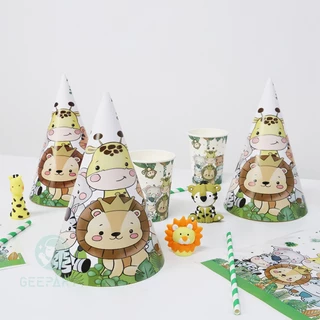 GeeParty ชุดหมวกวันเกิดเด็ก 6 ชิ้น น่ารัก สำหรับตกแต่งปาร์ตี้ ของขวัญธีมสัตว์ ไดโนเสาร์ เมอร์เมด ก่อสร้าง