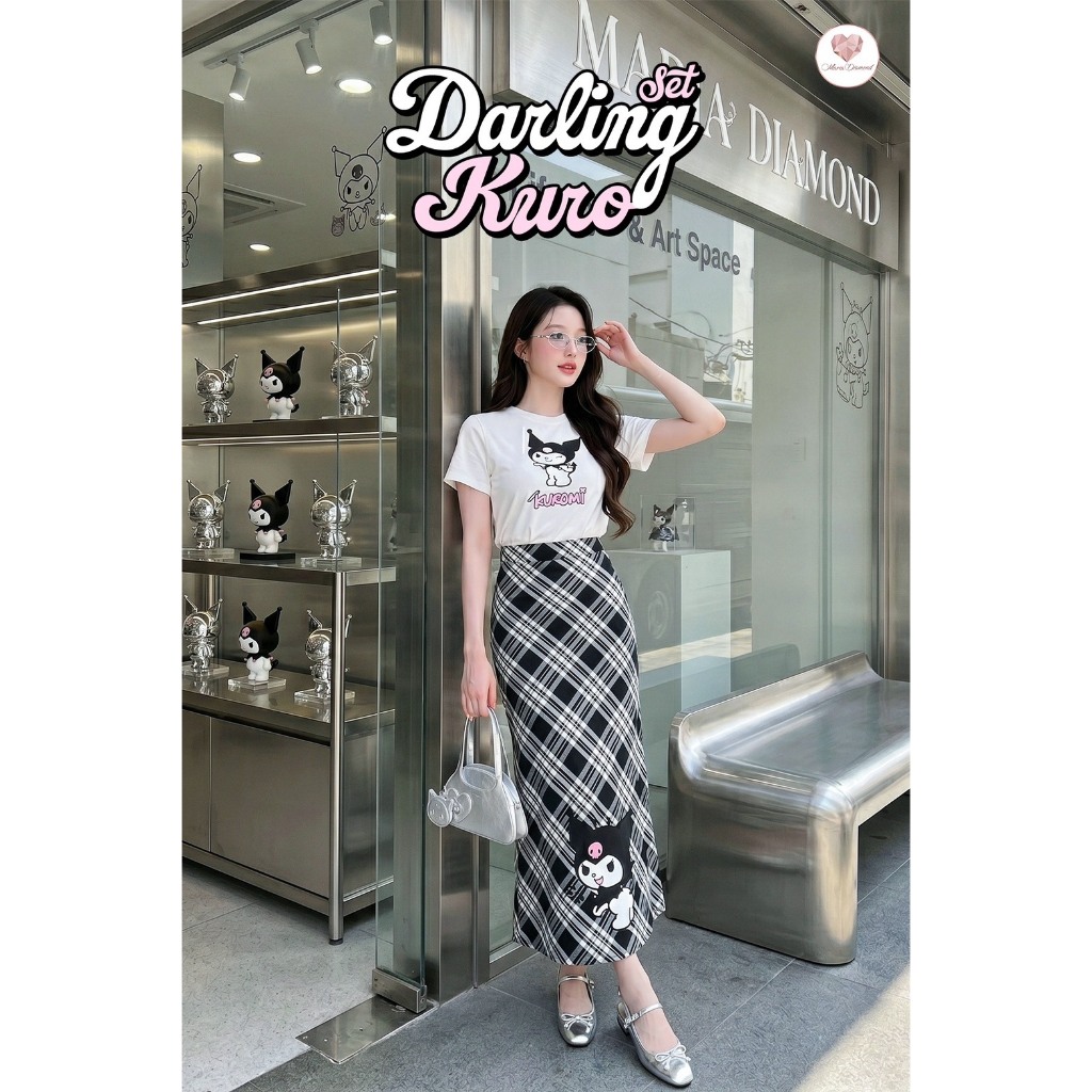 (มี3XL) เซ็ต 2 ชิ้น Darling Kuro Set เสื้อยืดงานปักคอกลม + กระโปรงยาวผ้าทอลายสก็อตทรงเข้ารูป ซิปหลัง มีซับใน