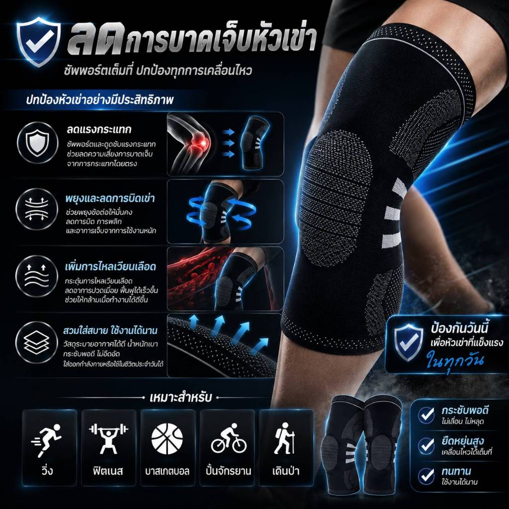 รัดเข่าแบบสวม สนับเข่า สีขาวดำ พร้อมส่ง บรรเทาอาการปวดเข่า บรรเทาอาการปวดข้ออักเสบ ลดการกระแทก สายรัดเข่า (K002)