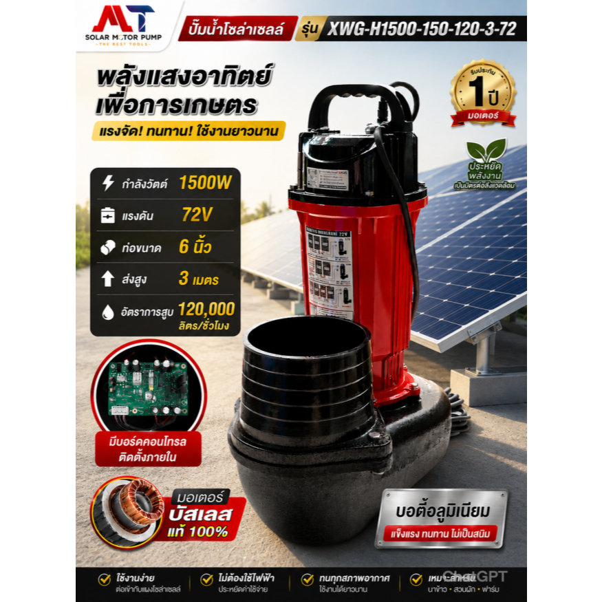 NEW!!! ปั๊มจุ่มไดดว่โซล่าเซลล์ รุ่น XWG-H1500-150-120-3-72 ท่อขนาด 6 นิ้ว 1500W 72V แบรนด์ MTEC แท้100%