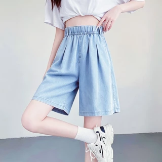 กางเกงขาสั้นทรงกระบอกผ้า เดนิมสีฟ้าอ่อน เอวสูง ยางยืด ทรงหลวม ผ้าทิ้งตัว ใส่ได้ทุกวัน กางเกงห้าส่วน